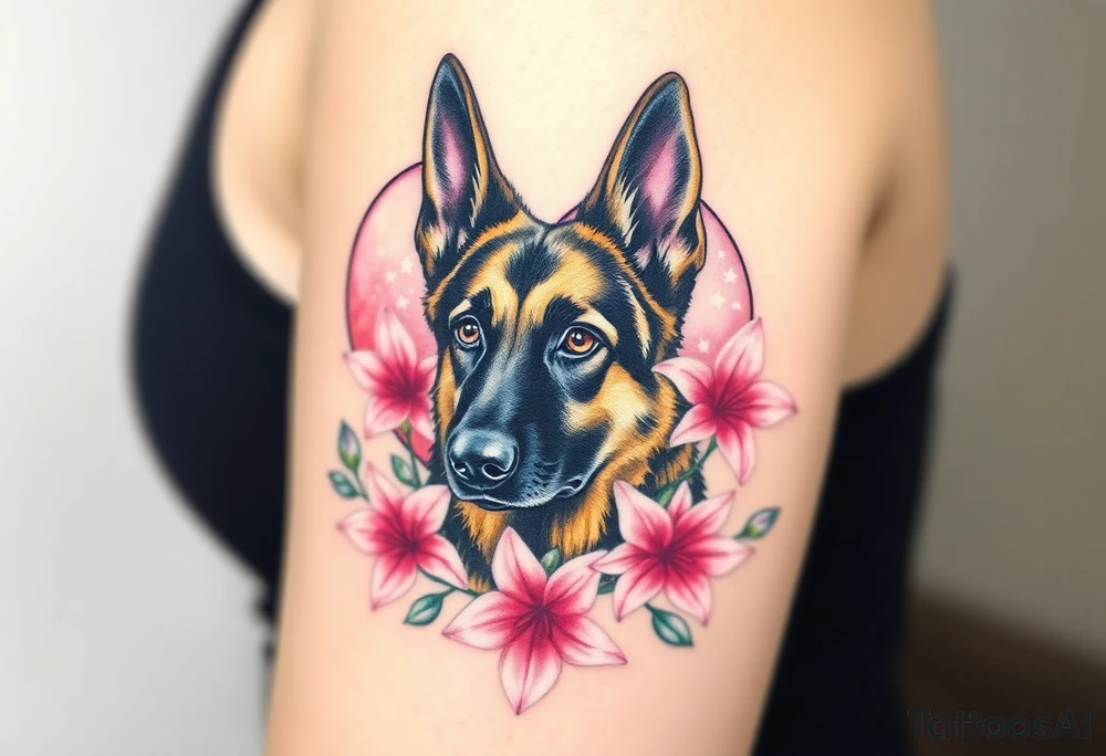 elegent looking german shepherd dog with pink lily flowers in front of sacred heart tattoo idea