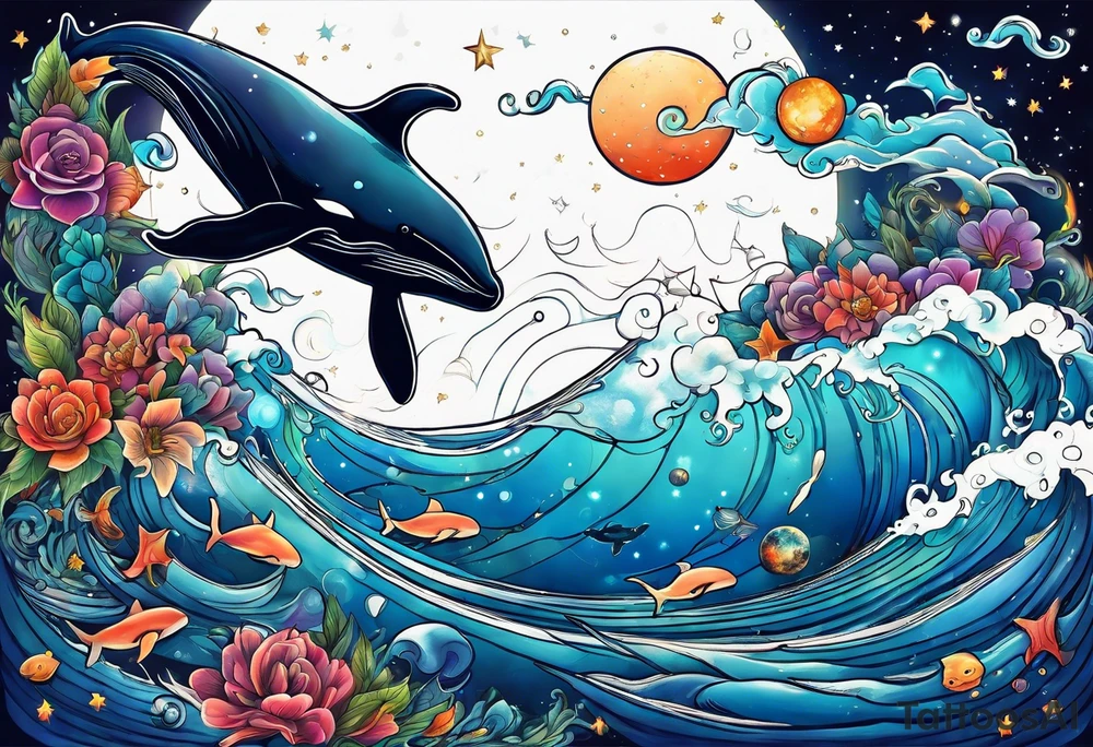 whales in outer space tattoo idea