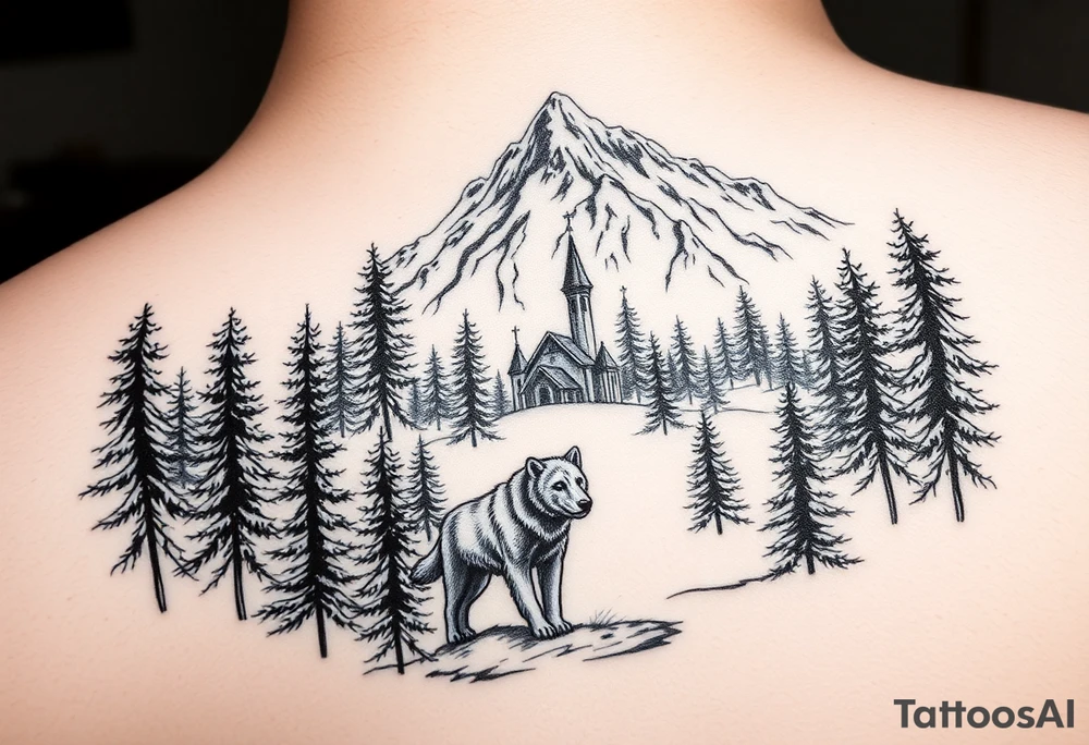 Nature/Landscape

Wolves in a pine forest (extending the tree line you already have)
A Russian bear emerging from the treeline
Snow-capped mountains behind the church scene tattoo idea
