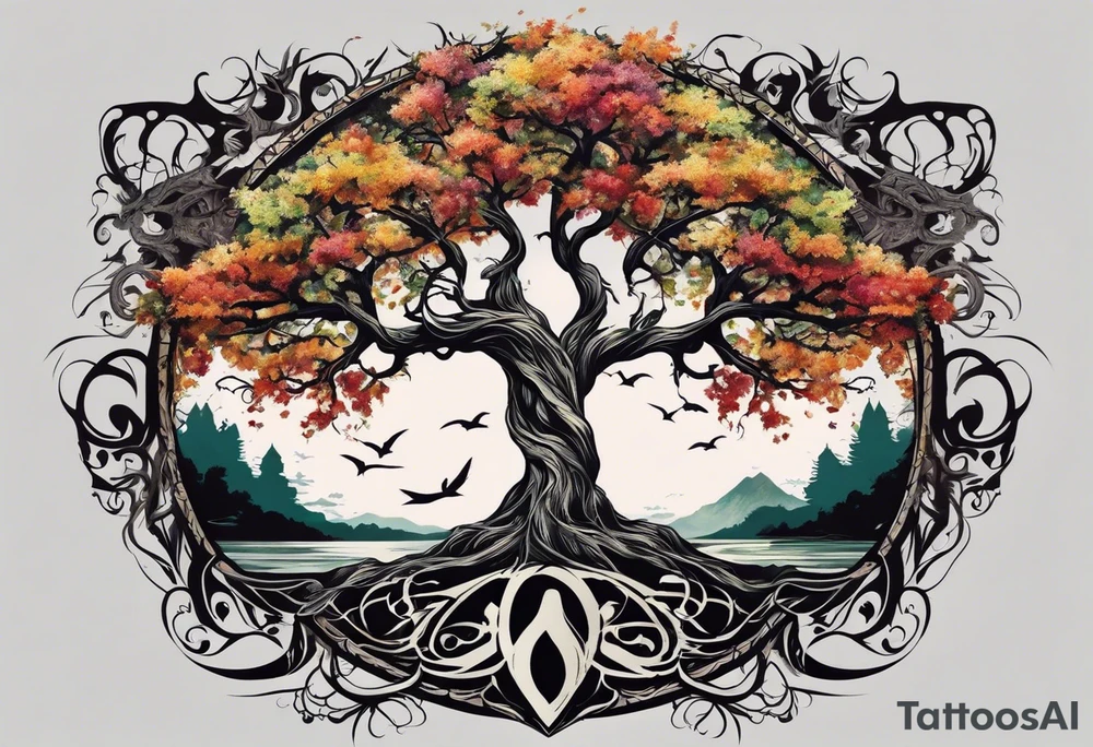 Full chest and neck tattoo with Tree of Life and Tree of Death**: Create a split composition featuring the Tree of Life on one side, teeming with vibrant foliage and lush growth, and the Tree of Death on the other, twisted and gnarled with dark, ominous roots. tattoo idea