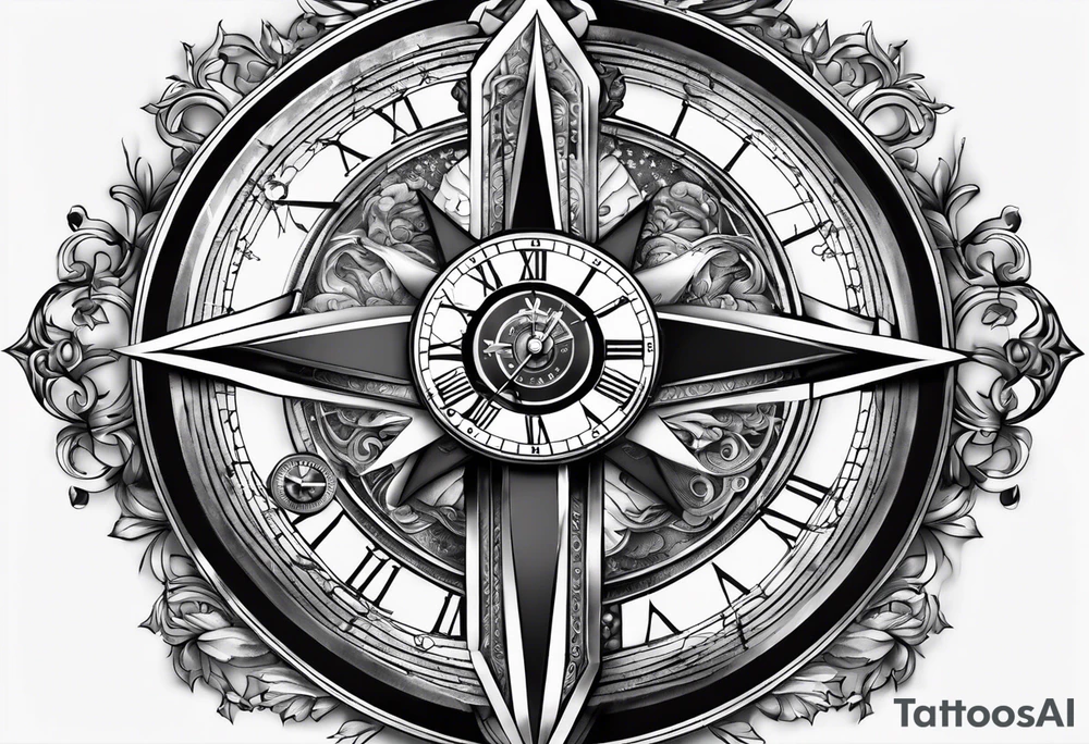 Crucifix with clock and compass in the middle tattoo idea