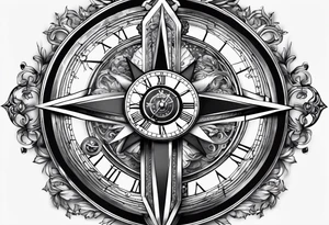 Crucifix with clock and compass in the middle tattoo idea