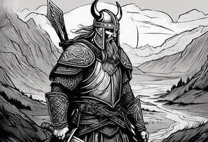 A viking in armor except the helmet on the brink of death pierced with arrows propping himself up with his sword on a seemingly bleak battlefield while still looking up with hope tattoo idea