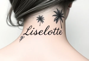 The name Liselotte surrounded by tropical scenery tattoo idea