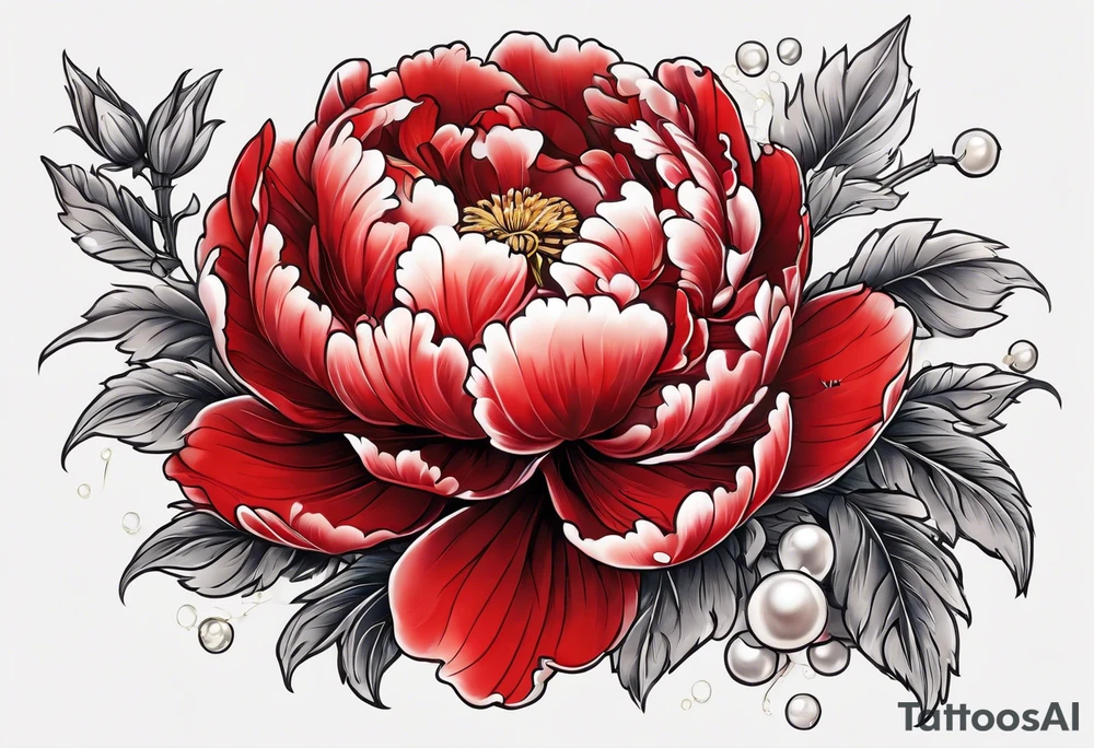 Red peony with pearls and bunny dangling tattoo idea