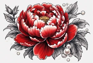 Red peony with pearls and bunny dangling tattoo idea