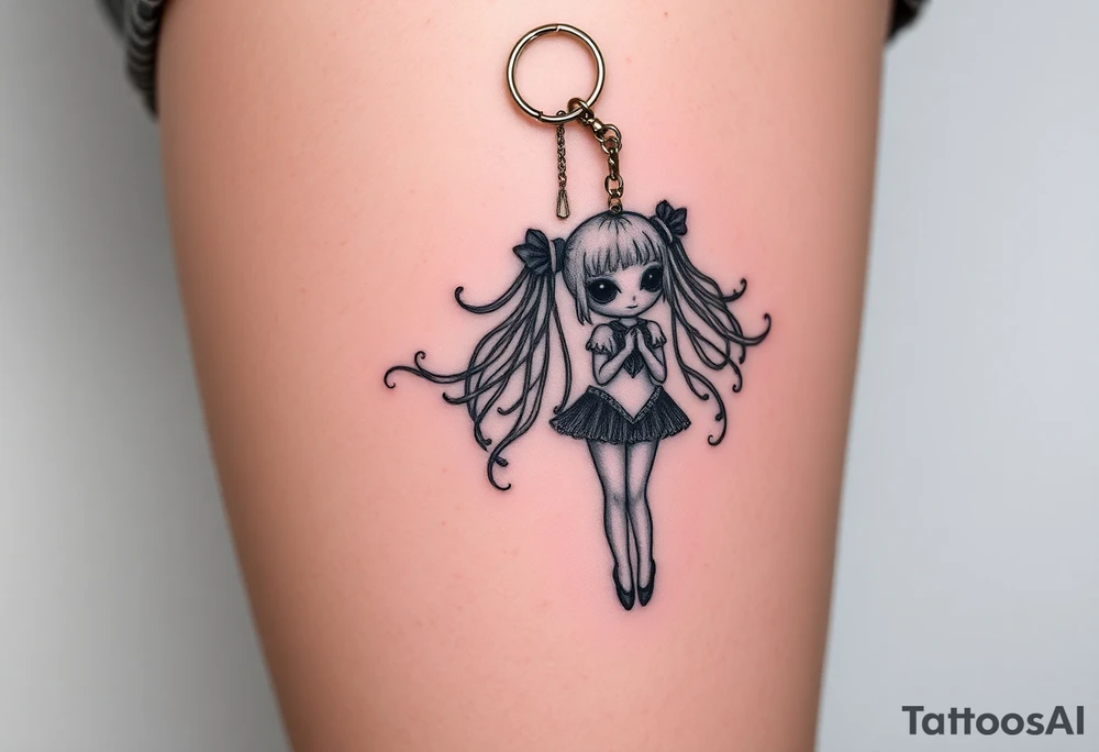 Madoka magica turned doll on a keychain 
With a creepy vibe tattoo idea