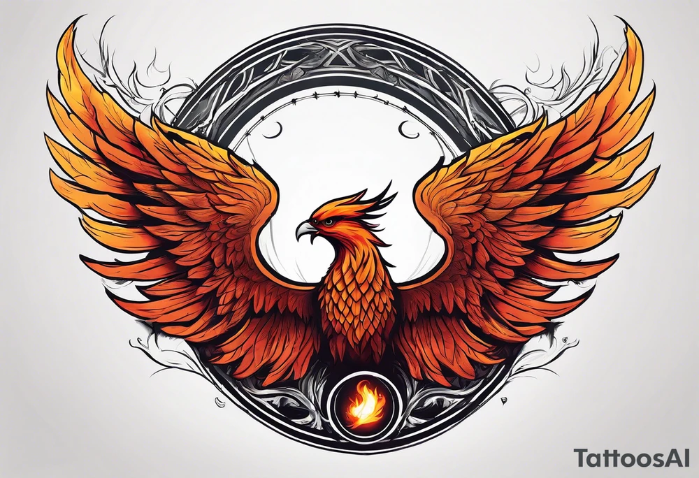 a phoenix rising from the ashes, with an angel opening its wings on the background tattoo idea