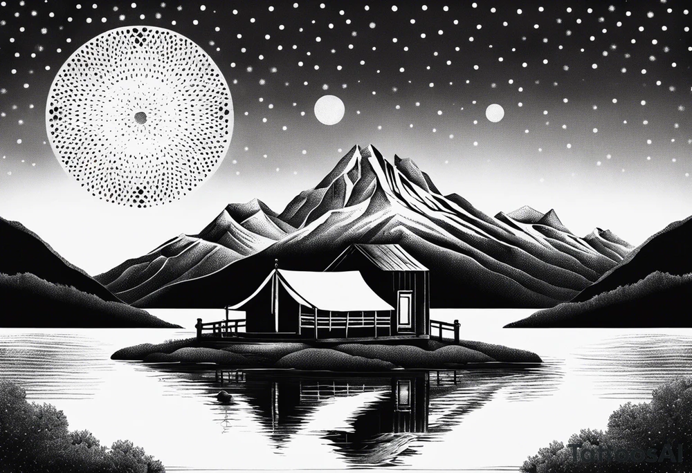 mountains, lake, yurt, sun, road tattoo idea
