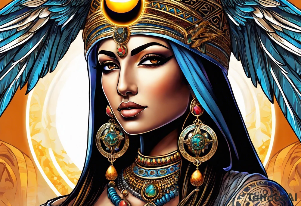 Isis (top center): With wings and the sun disc on her head, holding the ankh. tattoo idea