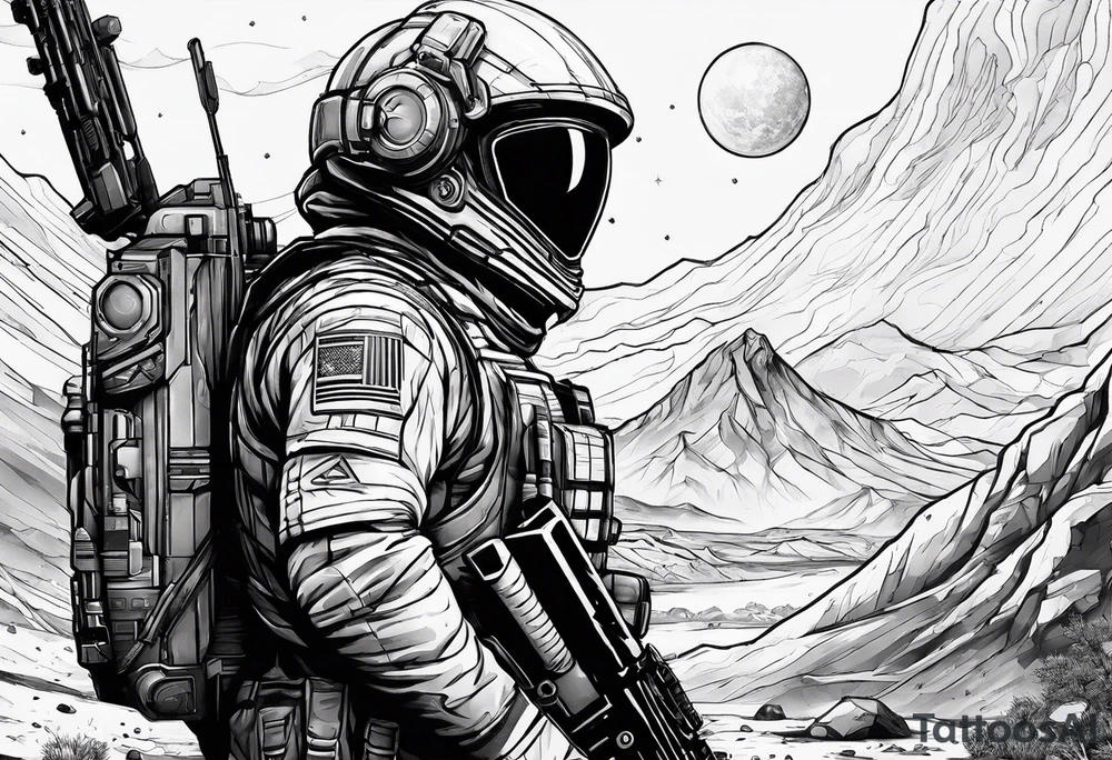 N7 Soldier in place on a planet with the cosmos in the background tattoo idea