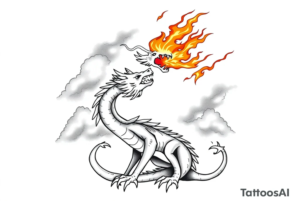 fierce dragon breathing iridescent fire against stormy skies tattoo idea