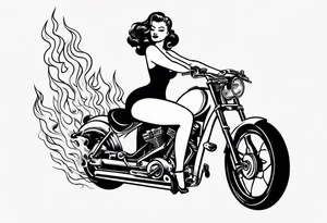 pinup doll riding a motorcycle  through flames tattoo idea