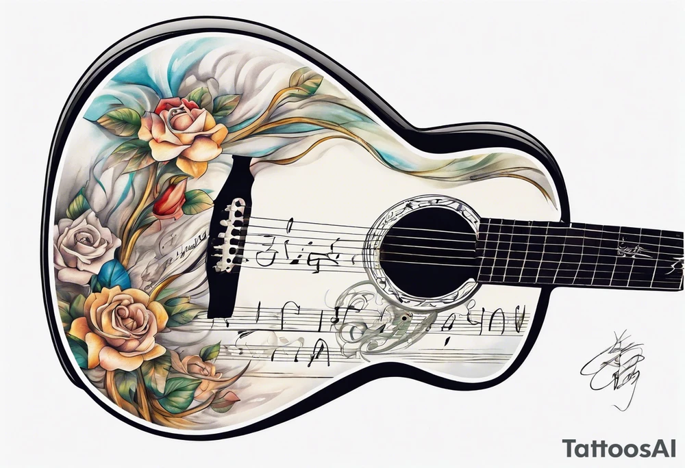 Acoustic Guitar neck with strings made of signatures emerging from skin tattoo idea
