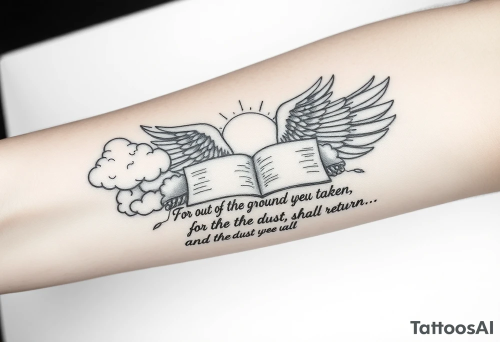 A black and white tattoo that will be placed in the forearm, the tattoo is based on biblical images such as clouds, angels, wings, gods hands, wisdom, glory and a journal pages style with a text reading “For out of the ground we were taken for the dust we are and to the dust we shall return” tattoo idea
