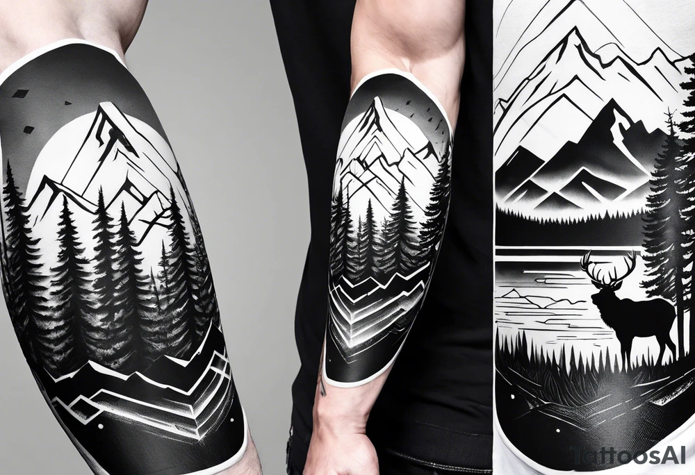 Arm sleeve with a mountain, forest and elk tattoo idea