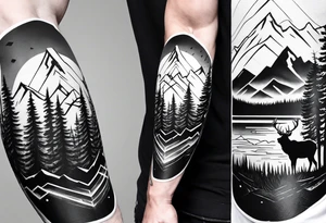 Arm sleeve with a mountain, forest and elk tattoo idea