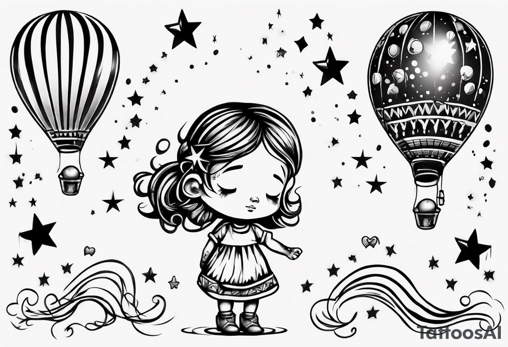 Hot water balloon with star and heart balloons and little girl inside dreaming tattoo idea