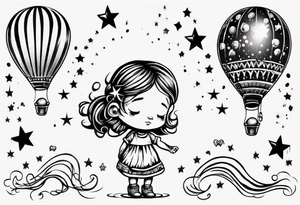 Hot water balloon with star and heart balloons and little girl inside dreaming tattoo idea