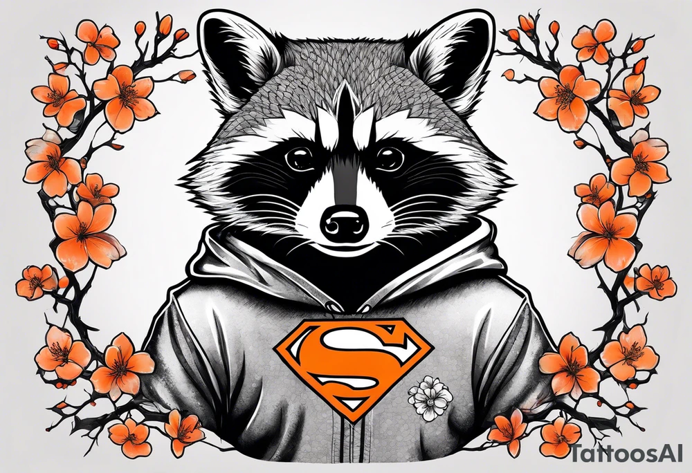 raccoon wearing a black and white Superman hoodie and orange Japanese cherry blossoms tattoo idea