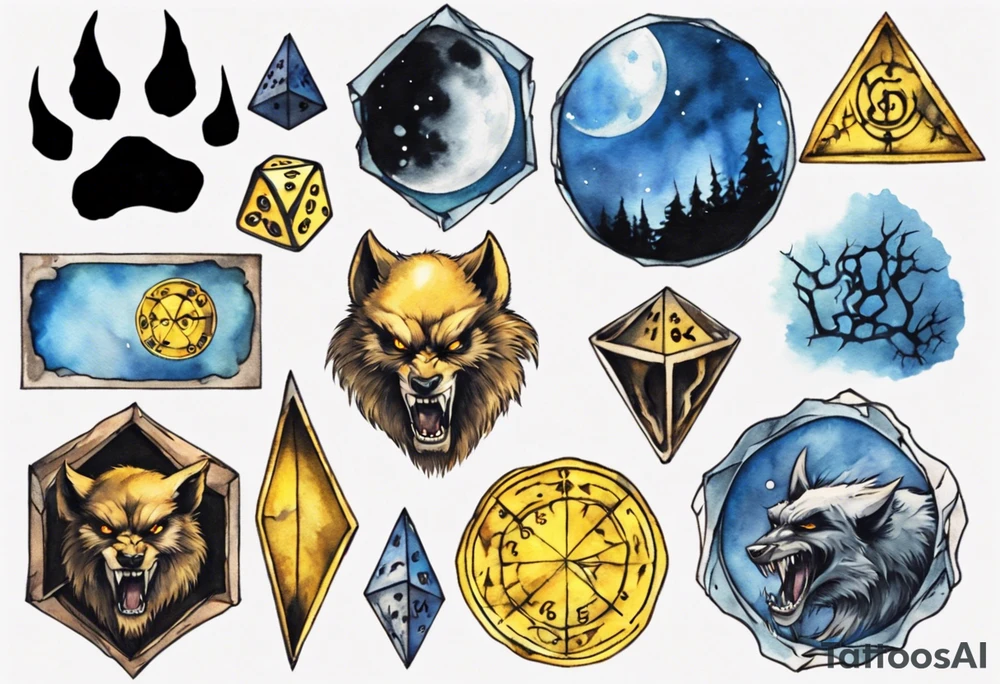 A 20 sided Dice in the center with numbers and wolverine claw marks framing the area underneath the dice and a werewolf howling at the moon in the background, and blue and yellow faded background color tattoo idea