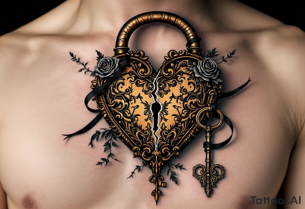 A vintage heart-shaped lock with intricate baroque detailing, cracked slightly at the center, paired with a rusted skeleton key wrapped in a thin black ribbon. The lock is shaded in antique gold and deep bronze, while the key has accents of dark silver and aged steel. Set against a soft shadow background with subtle roses or filigree placed on a calf. tattoo idea