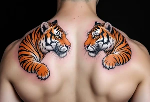 Matching couple orange and black tiger stripes wrapping around both upper arms tattoo idea