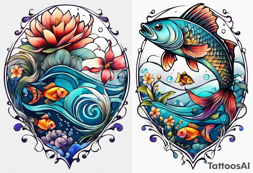 sea, night, flower, fish tattoo idea