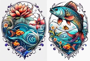 sea, night, flower, fish tattoo idea