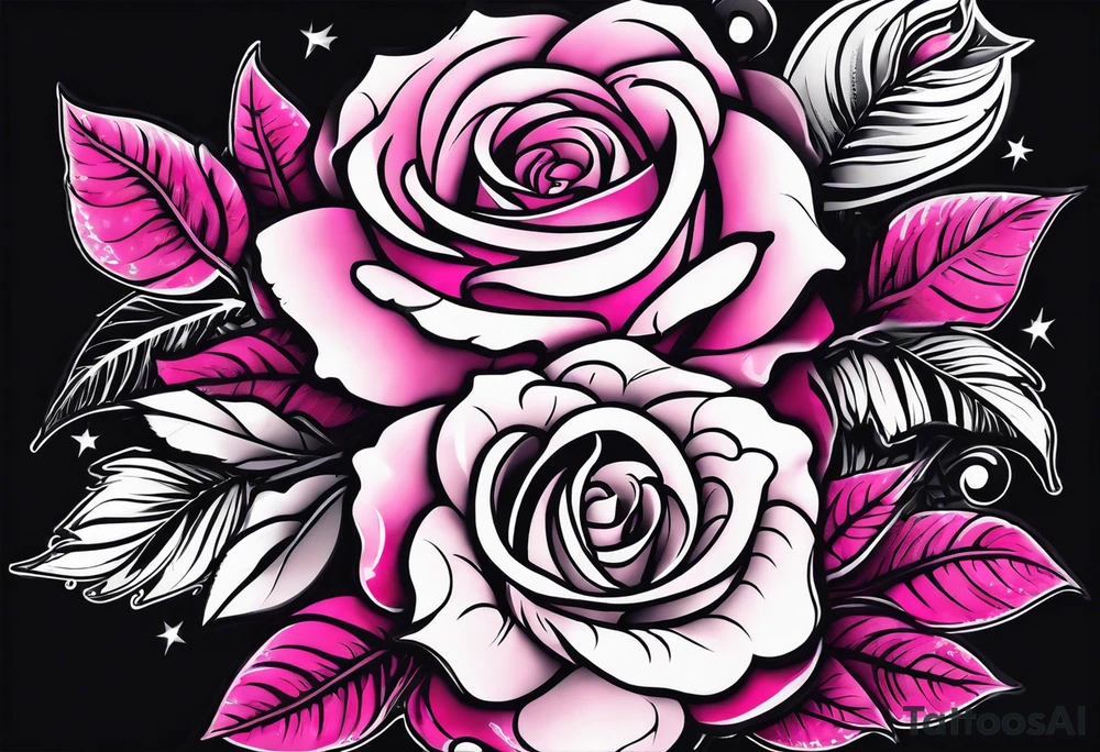 Floral leg piece with beading and lace tattoo idea. pink.hot pink, old school style roses, monochromatic pinks, old school flowers tattoo idea