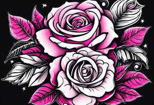 Floral leg piece with beading and lace tattoo idea. pink.hot pink, old school style roses, monochromatic pinks, old school flowers tattoo idea