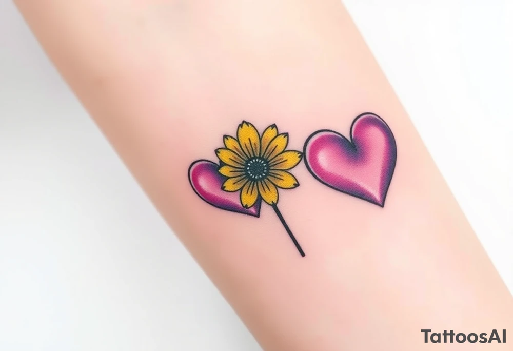 simple with Purple Hearts with yellow daisy with cross tattoo idea