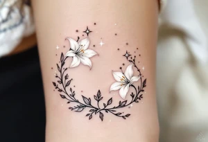Veronika 05. 01. 2019) – Soft white lilies framing Veronika’s birthdate, accented by silver twinkling stars and gentle, sparkling details. tattoo idea
