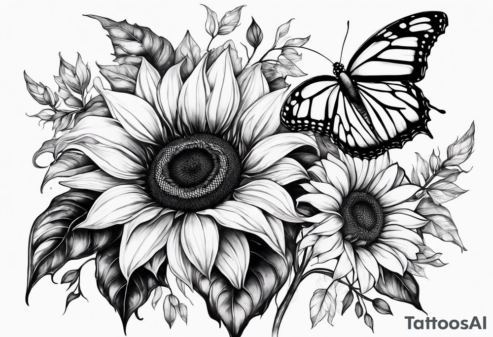 Sunflower with butterfly half leg sleeve tattoo idea