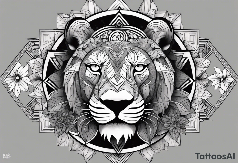 Very asymmetrical, +geometric pattern, with realistic full moon, with hippo face superimposed with lion head,+tribal, +geometric, +inkart , +blackwork, +grey scale, + sketch
with wintersweet flower bud, +inkart touch, +for men, detailed , combined favourite , tattoo idea