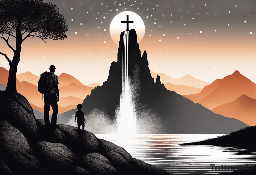 a father and son in the mountains with  a waterfall and cross in the background and a sunset tattoo idea