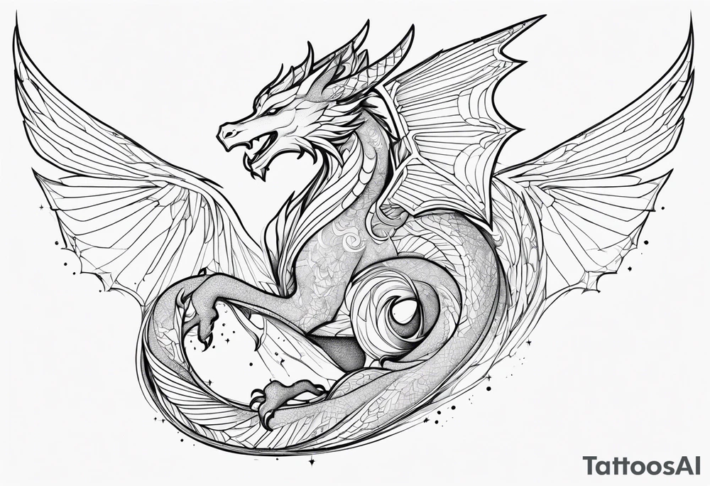 angel, dragon, geometric lines, figures, constellation cancer tattoo idea