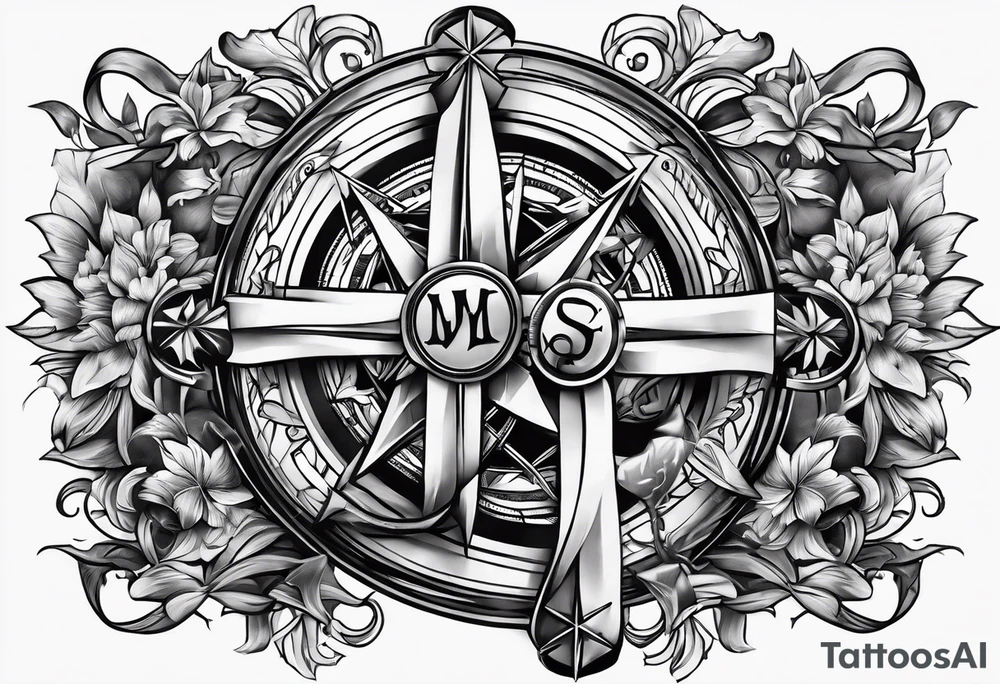 PTSD with ribbons, compass and cross sleeve tattoo idea PTSD with ribbons, compass and cross sleeve tattoo idea
