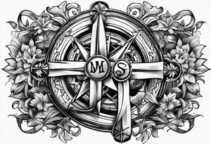 PTSD with ribbons, compass and cross sleeve tattoo idea