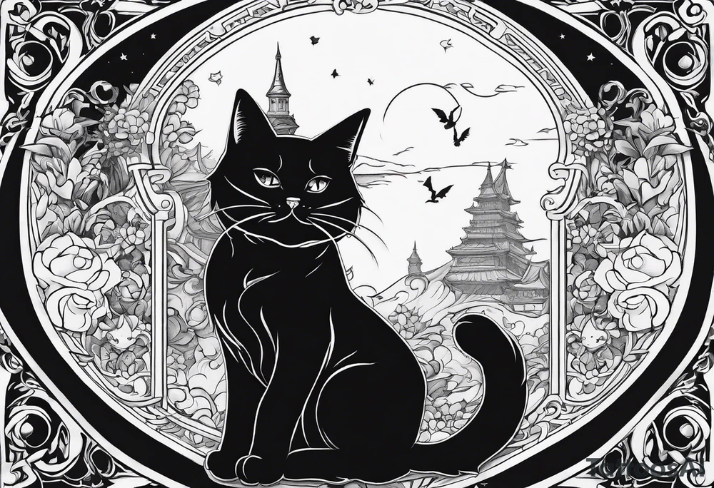 Cat witch looking suspiciously off into the horizon tattoo idea