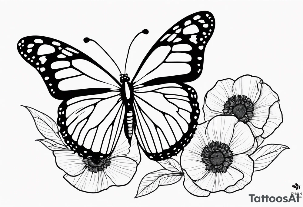A black and white, fine line tattoo design of a monarch butterfly with poppy flowers inside the top wings. The butterfly has clean lines, and the poppies are delicately integrated within the wings. The bottom wings are simple. The overall style is elegant and refined, focusing on the graceful fusion of the butterfly and flowers. I don’t want flowers outside of the butterfly’s wings and the top wing should only be used as an outline for the flowers inside tattoo idea