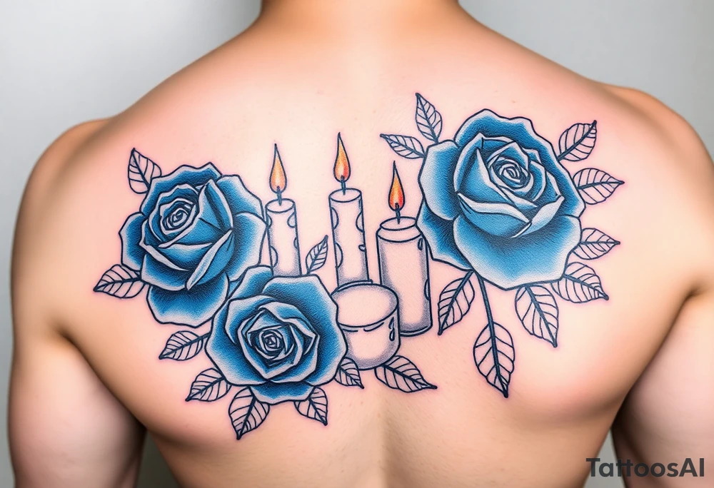Blue roses and candles, water, fire, cartoon tattoo idea