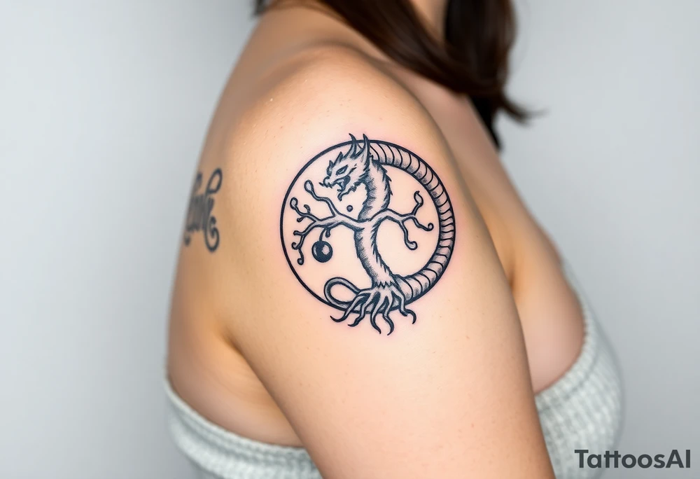 a dragon forming a circle with its body.  the dragon encircles the tree of life.   the tree of life has fruit  and the dragon is eating the fruit. the roots of the tree are strangling the tail of the dragon tattoo idea