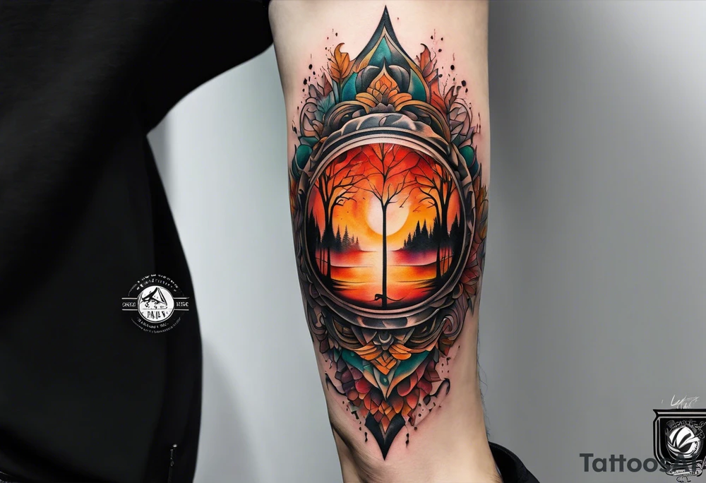 Knee tattoo in fall colors with water flow washes tattoo idea