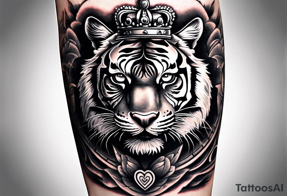 Full right arm sleeve a tiger at the top with a crown and third eye underneath a large hour glass with a brain and heart inside of it tattoo idea