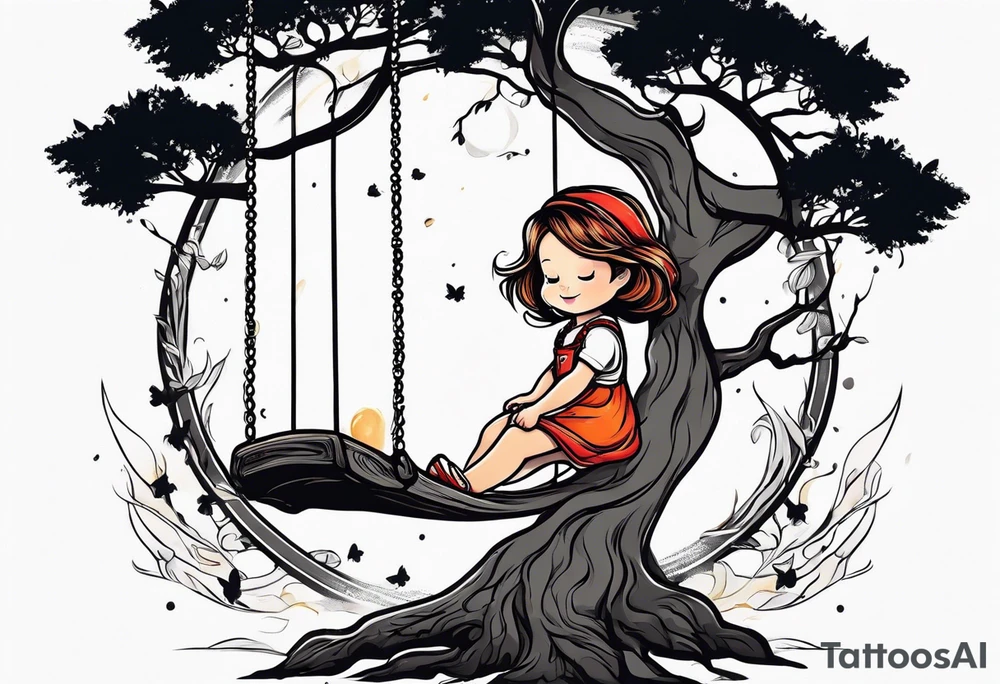 little girl swinging under a tree of life tattoo idea