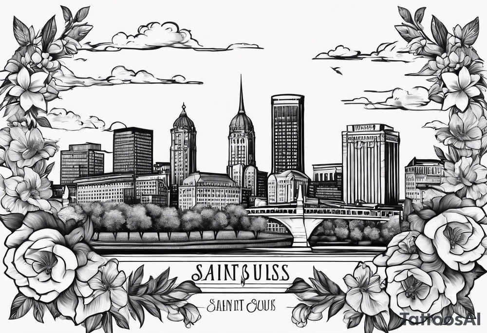 saint louis city skyline over a banner surrounded by flowers tattoo idea