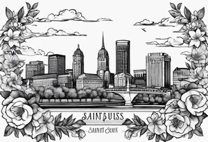 saint louis city skyline over a banner surrounded by flowers tattoo idea