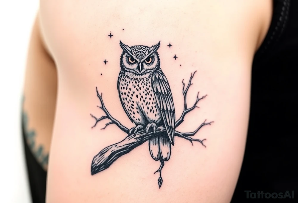 wise owl perched on ancient oak branch under starlit sky tattoo idea