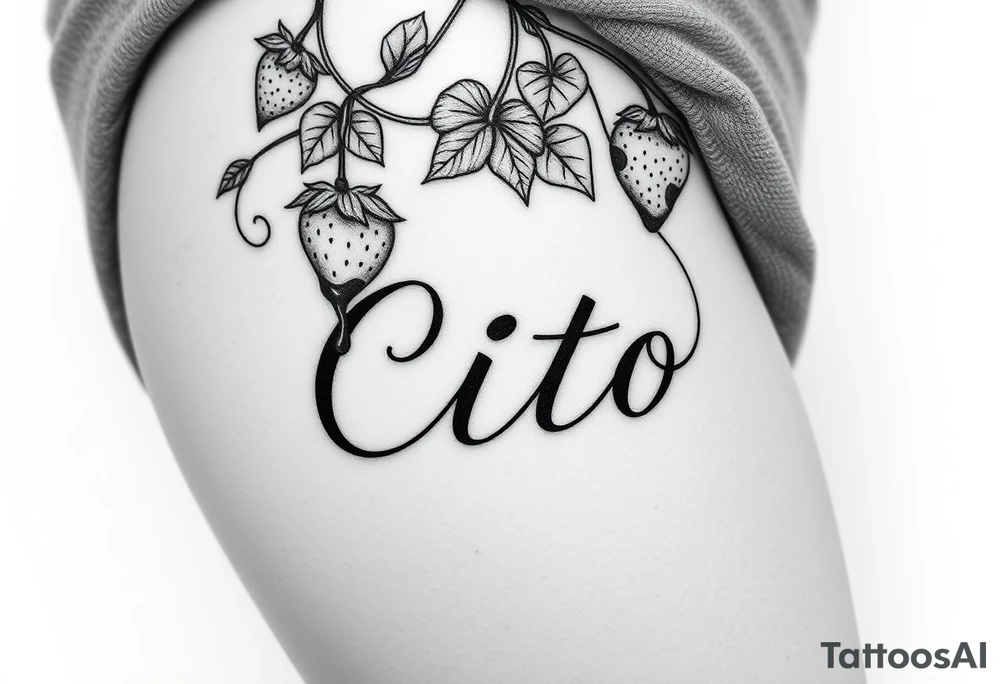 This will be placed going down my thigh.. Make a vine with detail that has strawberries hanging from it some of them should look like they’re dripping chocolate and the last strawberry should look like it has a bite taken out of it the ending of the vine should spell out the name Cito but make it look like a vine with detail it should resemble cursive but keep it looking like it’s written in vine and only the name should be rotated right going down and it should be attached to the rest of the vine that has the strawberries. Black and white only tattoo idea